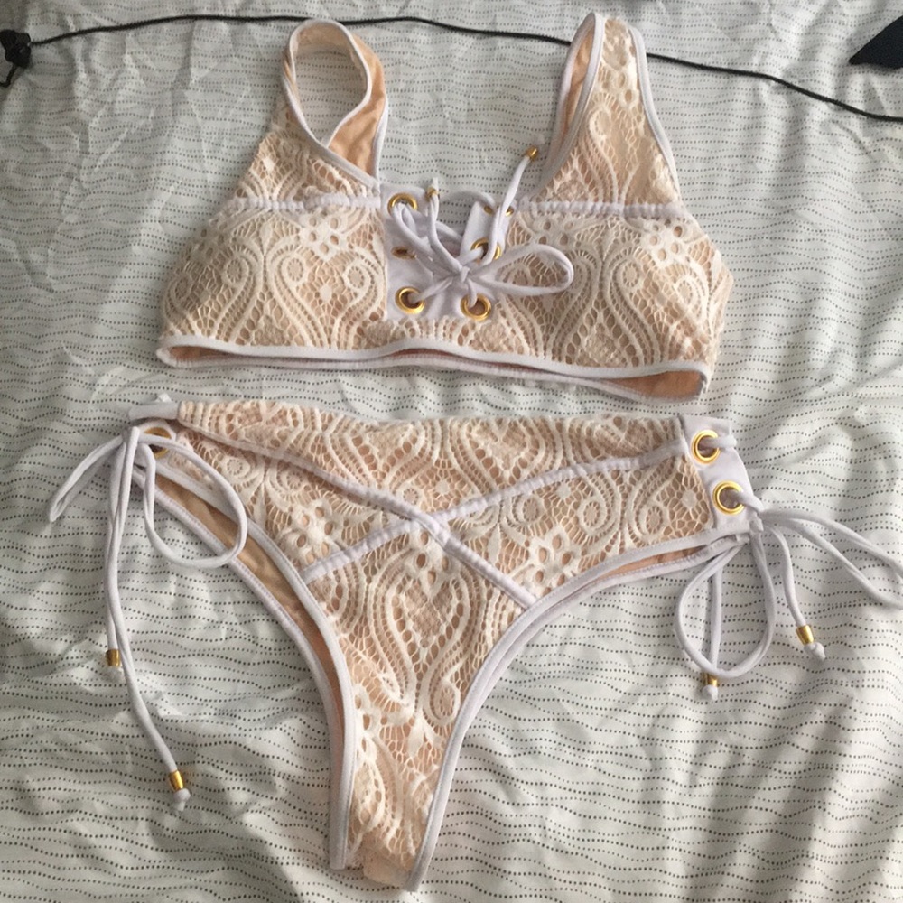 Lacy white two piece high waist swimsuit